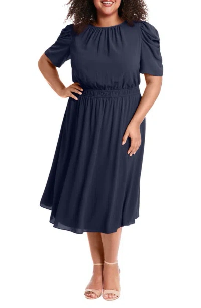 London Times Shirred Crewneck Midi Dress In Navy