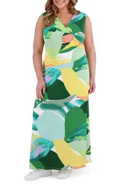 London Times Plus Size Surplice Jersey Maxi Dress In Multi