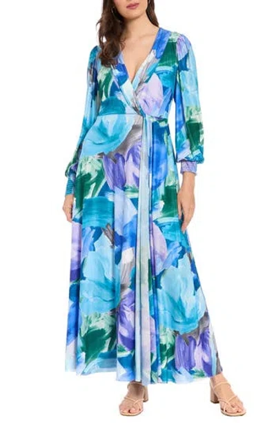 London Times Shirred Surplice Neck Maxi Dress In Blue