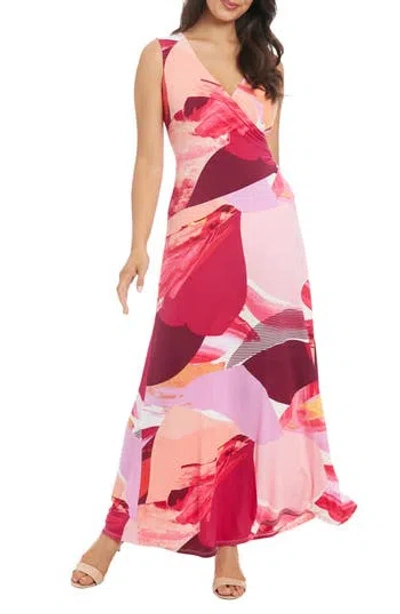 London Times Shirred Surplice Wrap Maxi Dress In White Fuchsia