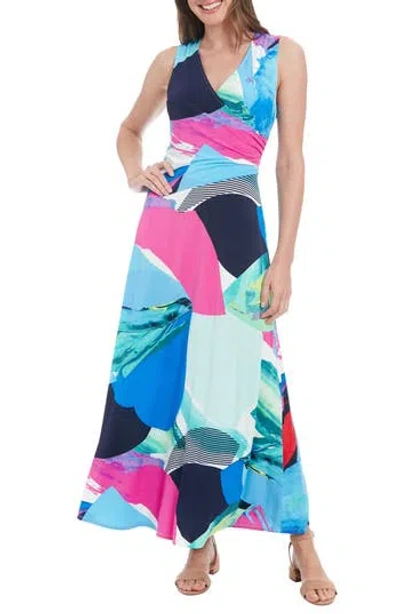 London Times Shirred Surplice Wrap Maxi Dress In White/blue