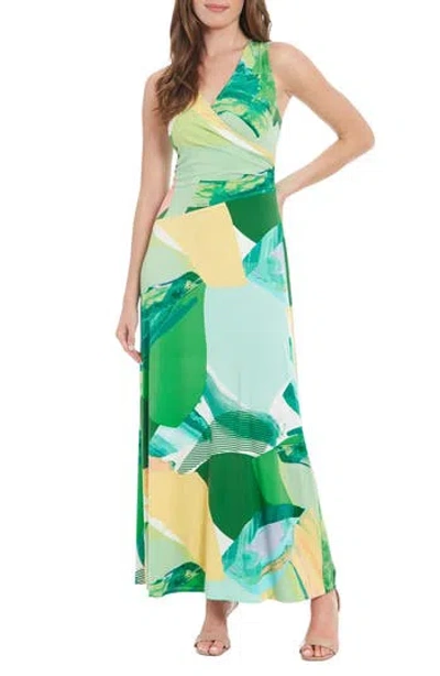 London Times Shirred Surplice Wrap Maxi Dress In White/green