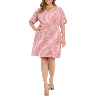 London Times Short Sleeve Bouclé Faux Wrap Dress In Pink
