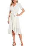 London Times Short Sleeve Faux Wrap Style Midi Dress In Ivory In White
