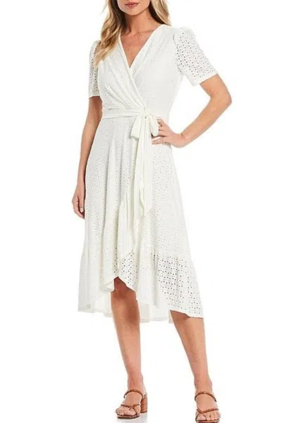 London Times Short Sleeve Faux Wrap Style Midi Dress In Ivory In White