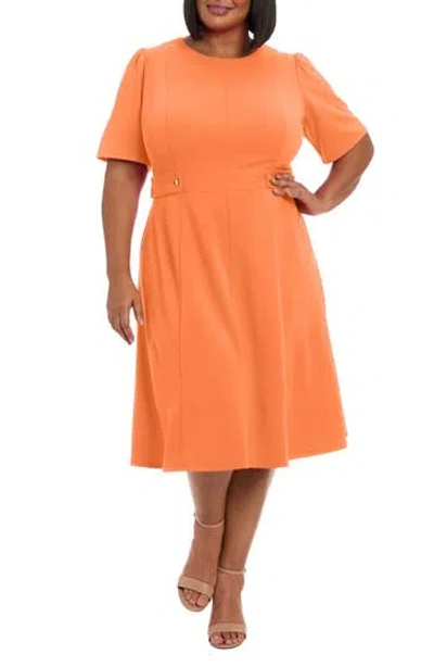 London Times Short Sleeve Fit & Flare Midi Dress In Orange