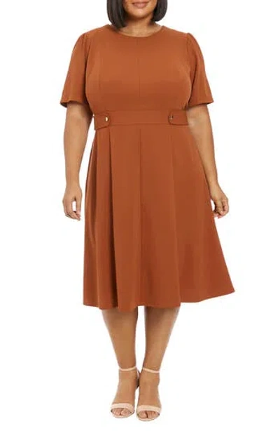 London Times Short Sleeve Fit & Flare Midi Dress In Brown