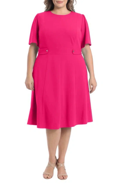 London Times Short Sleeve Fit & Flare Midi Dress In Bright Pink