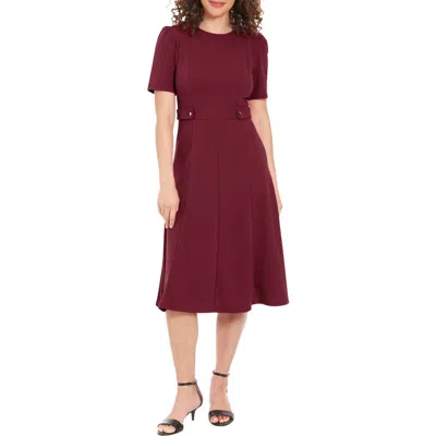 London Times Short Sleeve Fit & Flare Midi Dress In Burgundy