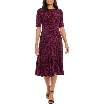 London Times Short Sleeve Inset Waist Fit & Flare Midi Dress