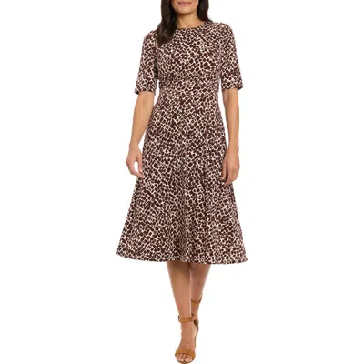London Times Short Sleeve Inset Waist Fit & Flare Midi Dress In Brown