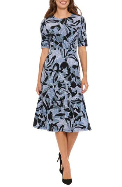 London Times Short Sleeve Inset Waist Midi Dress In Multi