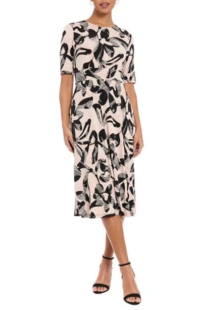 London Times Short Sleeve Inset Waist Midi Dress In Multi