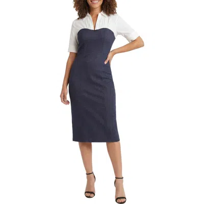 London Times Short Sleeve Mixed Media Sheath Dress In Blue