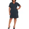 London Times Short Sleeve Side Button Bouclé Sheath Dress In Navy