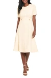 London Times Short Sleeve Side Tab Scuba Midi Dress In Sugar Ivory