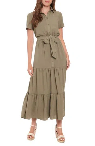 London Times Short Sleeve Tiered Shirtdress In Olive