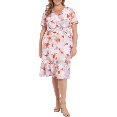 London Times Short Sleeve Twist Front Midi Dress In Purple