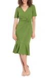 London Times Side Knot Scupa Crepe Flounce Dress In Cactus