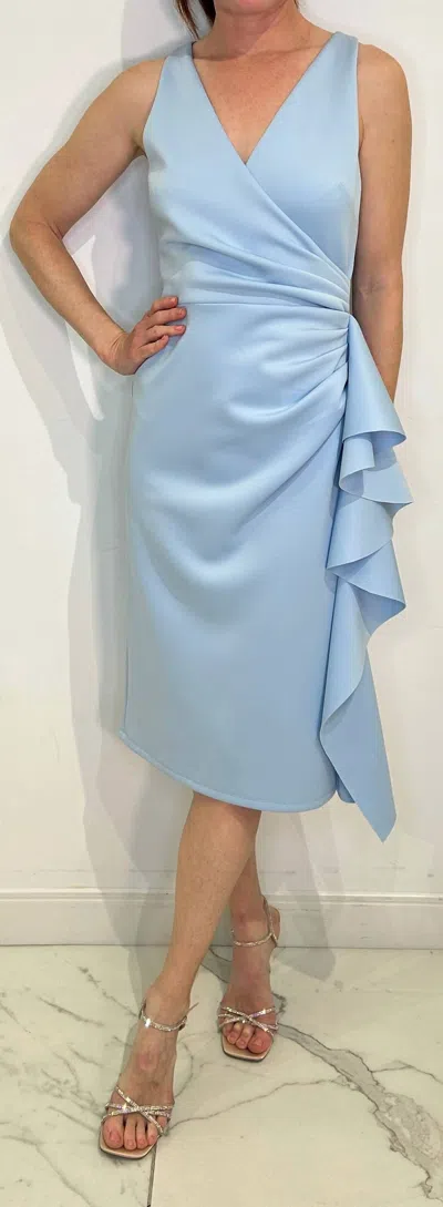 London Times Side Pleated Cascade Halter Dress In Sky Blue