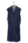 London Times Side Ruched Stretch Denim Midi Dress In Purple