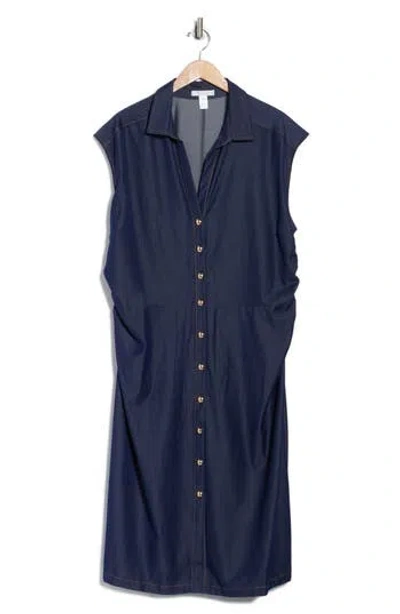 London Times Side Ruched Stretch Denim Midi Dress In Purple