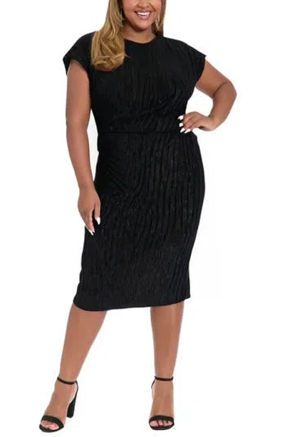 London Times Side Ruched Velvet Midi Dress In Black