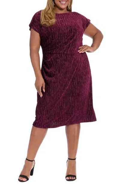 London Times Side Ruched Velvet Midi Dress In Burgundy