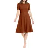 London Times Women's Puff-sleeve Tab-detail Fit & Flare Dress In Cedar