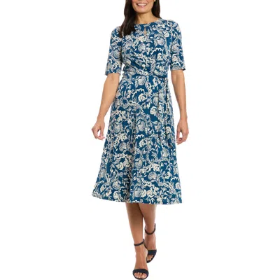 London Times Side Tie Jersey Midi Dress In Blue
