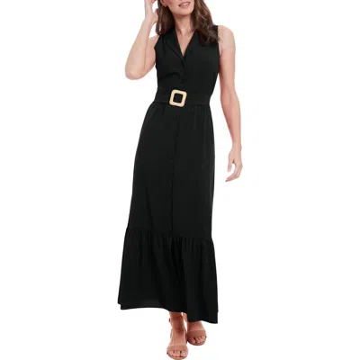 London Times Sleeveless Belted Maxi Shirtdress In Black
