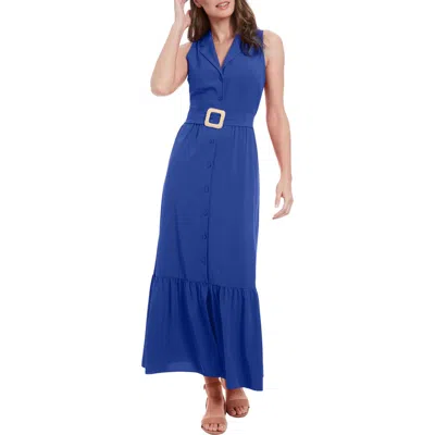 London Times Sleeveless Belted Maxi Shirtdress In Blue