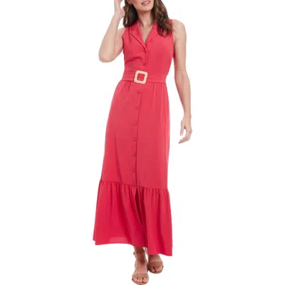 London Times Sleeveless Belted Maxi Shirtdress In Rose Red