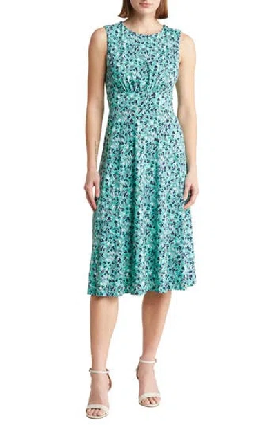 London Times Sleeveless Boatneck Floral Print Dress In Teal/white