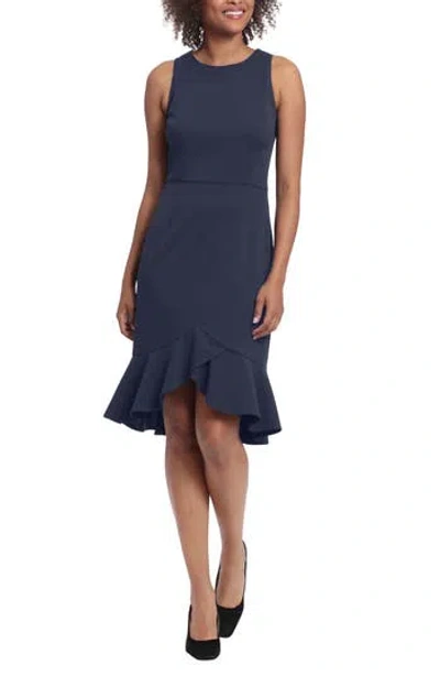 London Times Sleeveless High-low Flounce Hem Midi Dress In Navy Blazer