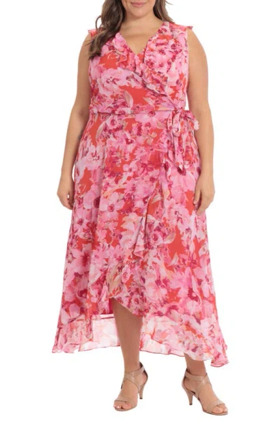 London Times Sleeveless Ruffle Floral Print Wrap Maxi Dress In Coral