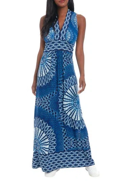 London Times Sleeveless Stretch Jersey Maxi Dress In White,navy