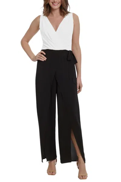 London Times Sleeveless Tie-belt Contrast Jumpsuit In Black White