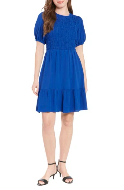 London Times Smocked Puff Sleeve Dress In Blue