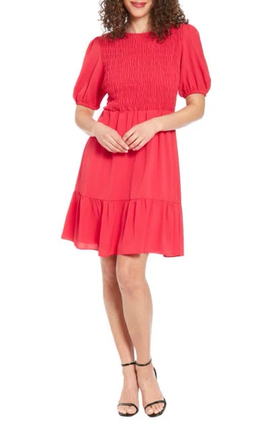 London Times Smocked Puff Sleeve Dress In Rose