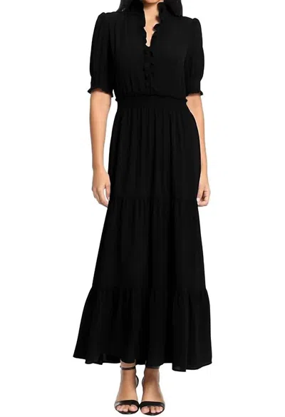 London Times Smocked Puff Tiered Dress In Black