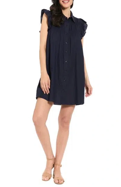 London Times Smocked Ruffle Cap Sleeve Linen Blend Shirtdress In Blue