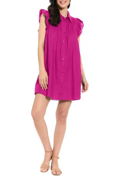 London Times Smocked Ruffle Cap Sleeve Linen Blend Shirtdress In Pink