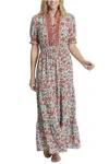 London Times Smocked Waist Floral Print Maxi Dress In Aqua Splash Tangelo In Green