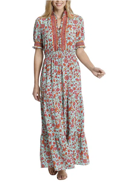 London Times Smocked Waist Floral Print Maxi Dress In Aqua Splash Tangelo In Green