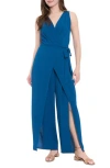 London Times Plus Size Sleeveless Sarong-tie Jumpsuit In Blue