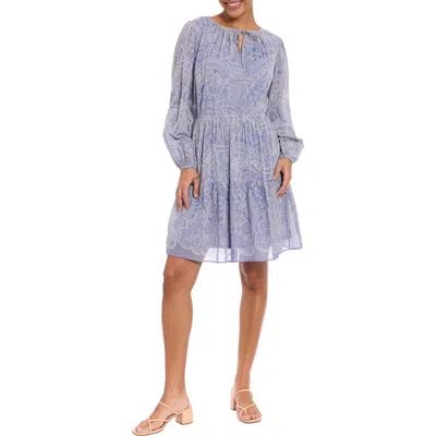 London Times Split Neck Long Sleeve Dress In Blue