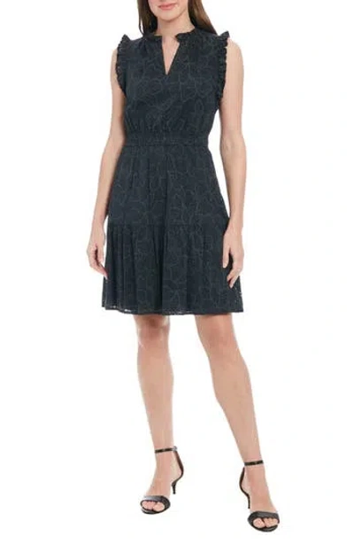 London Times Split Neck Ruffle Eyelet Dress In Black