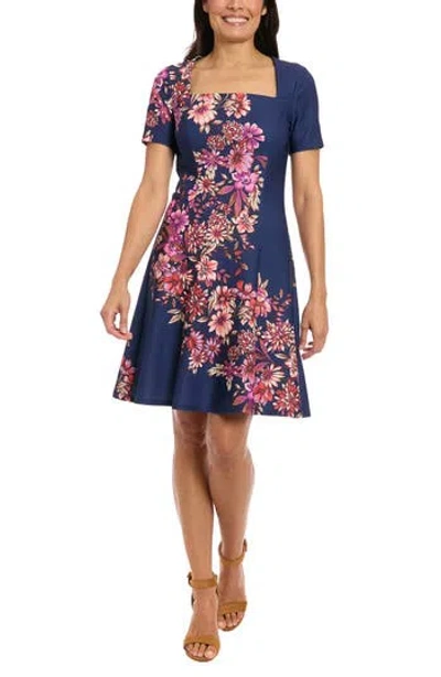 London Times Square Neck Fit & Flare Scuba Dress In Blue