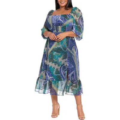 London Times Square Neck Long Sleeve Maxi Dress In Multi